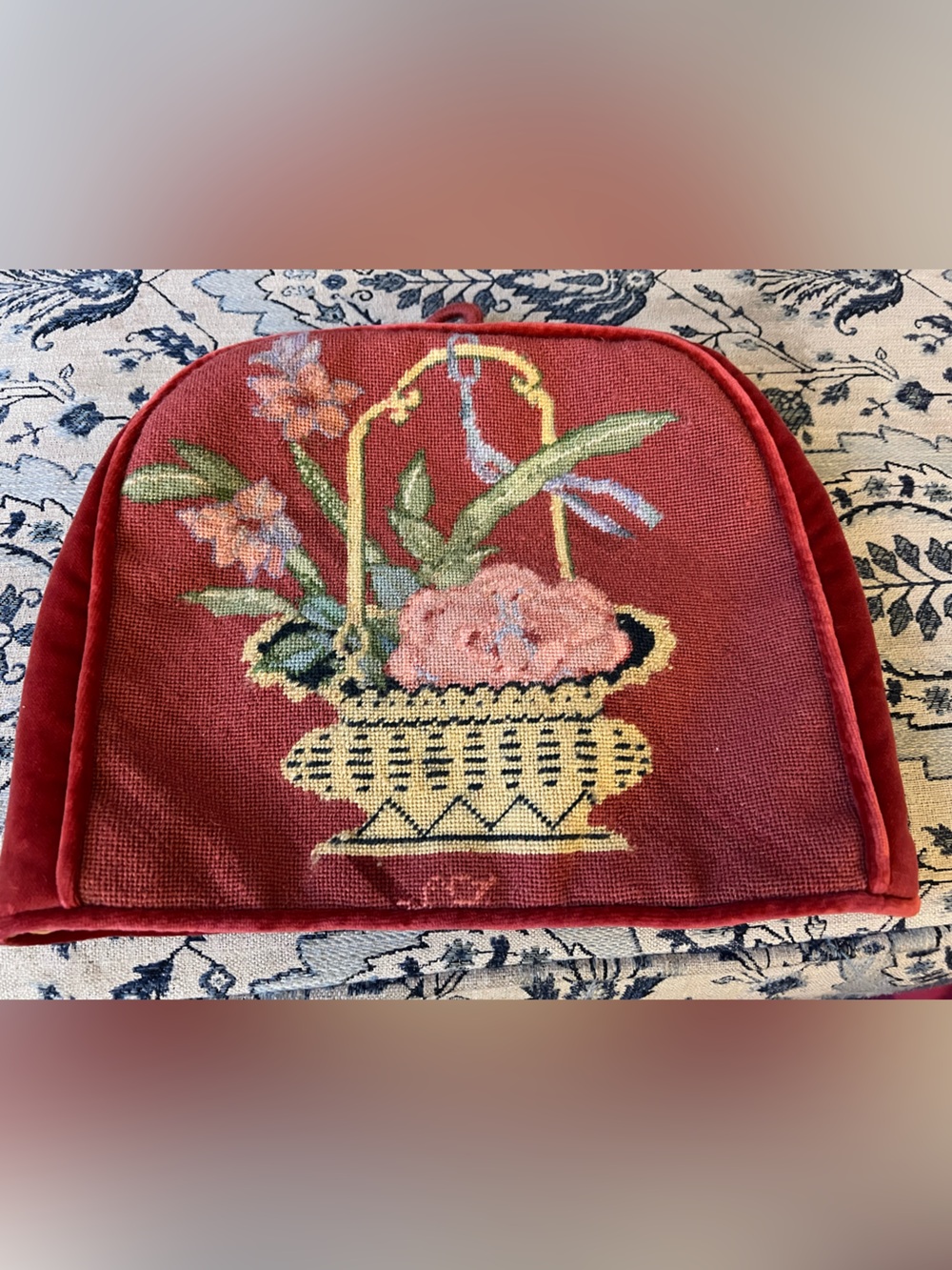 Vintage Needlepoint Tea Cozy: Floral Bouquet, red velvet back and satin lining